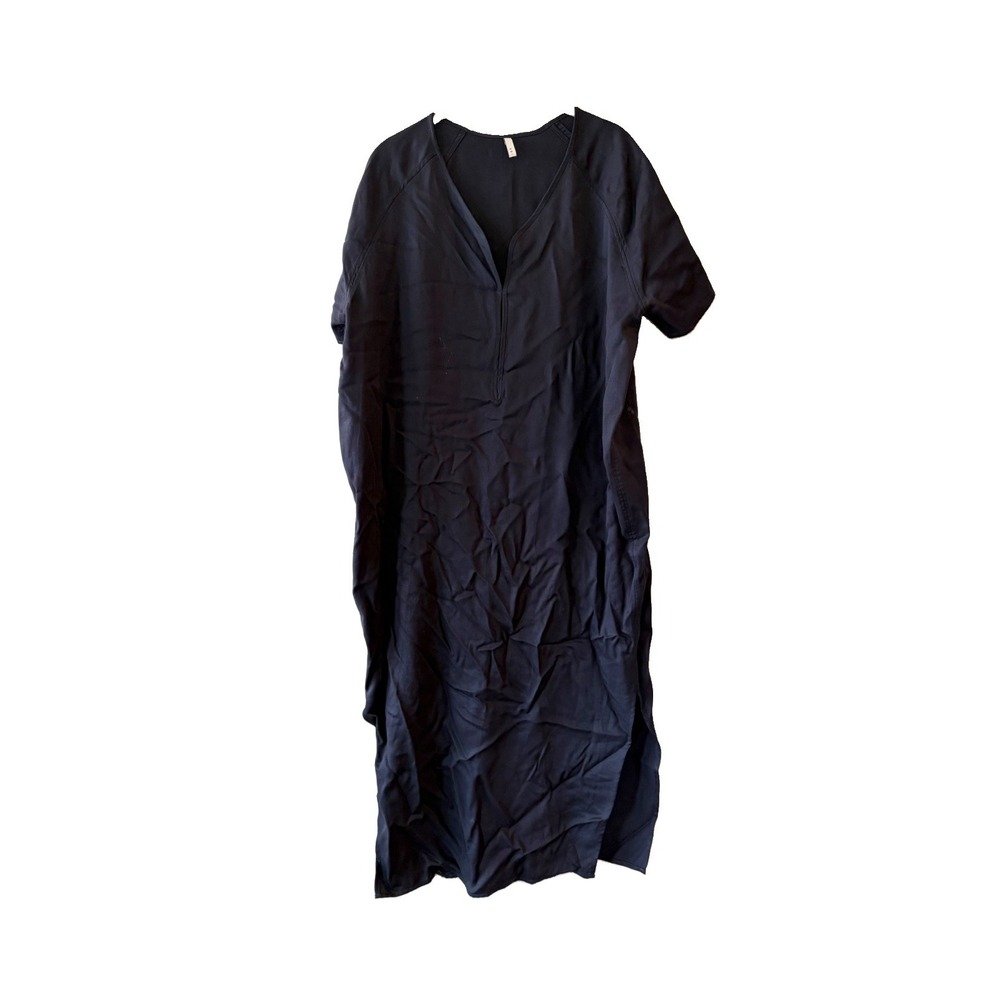 Priory Shift Dress V-Neck 100% Tencel Solid Navy Blue Coastal Size M